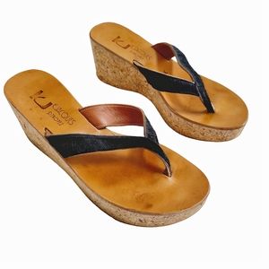 K. Jacques Diorite‎ Wedge Sandals Black Haircalf Leather Cork Heel 39